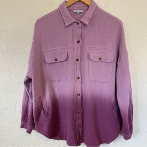 White Birch Oversized Gauzey Cotton Raw Hem Button Up Beachy Long Sleeve Pink M